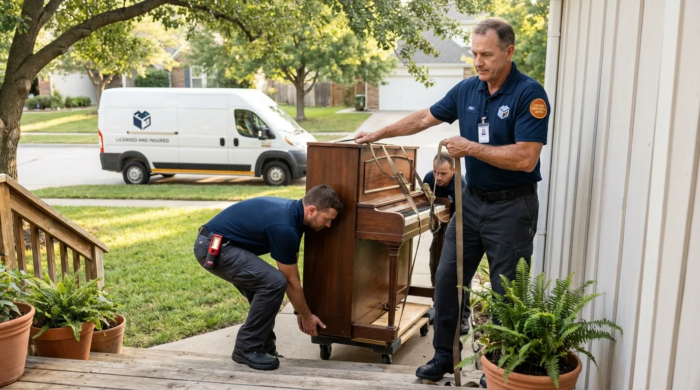 Licensed piano movers securing grand piano in Mallory, WV