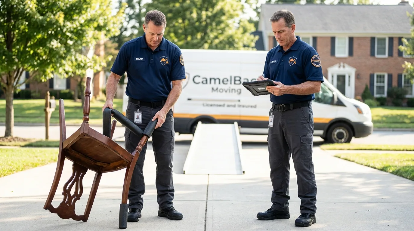 Movers inspecting furniture for damage prevention before loading in Mallory, WV