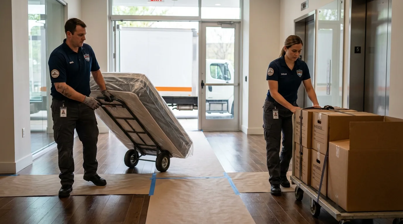 Professional apartment movers loading elevator in Mallory, WV